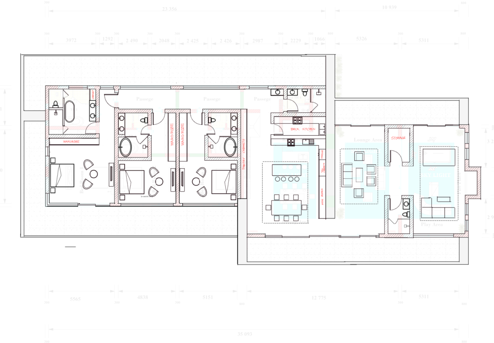 Plan marked up with fixes and zoning solutions