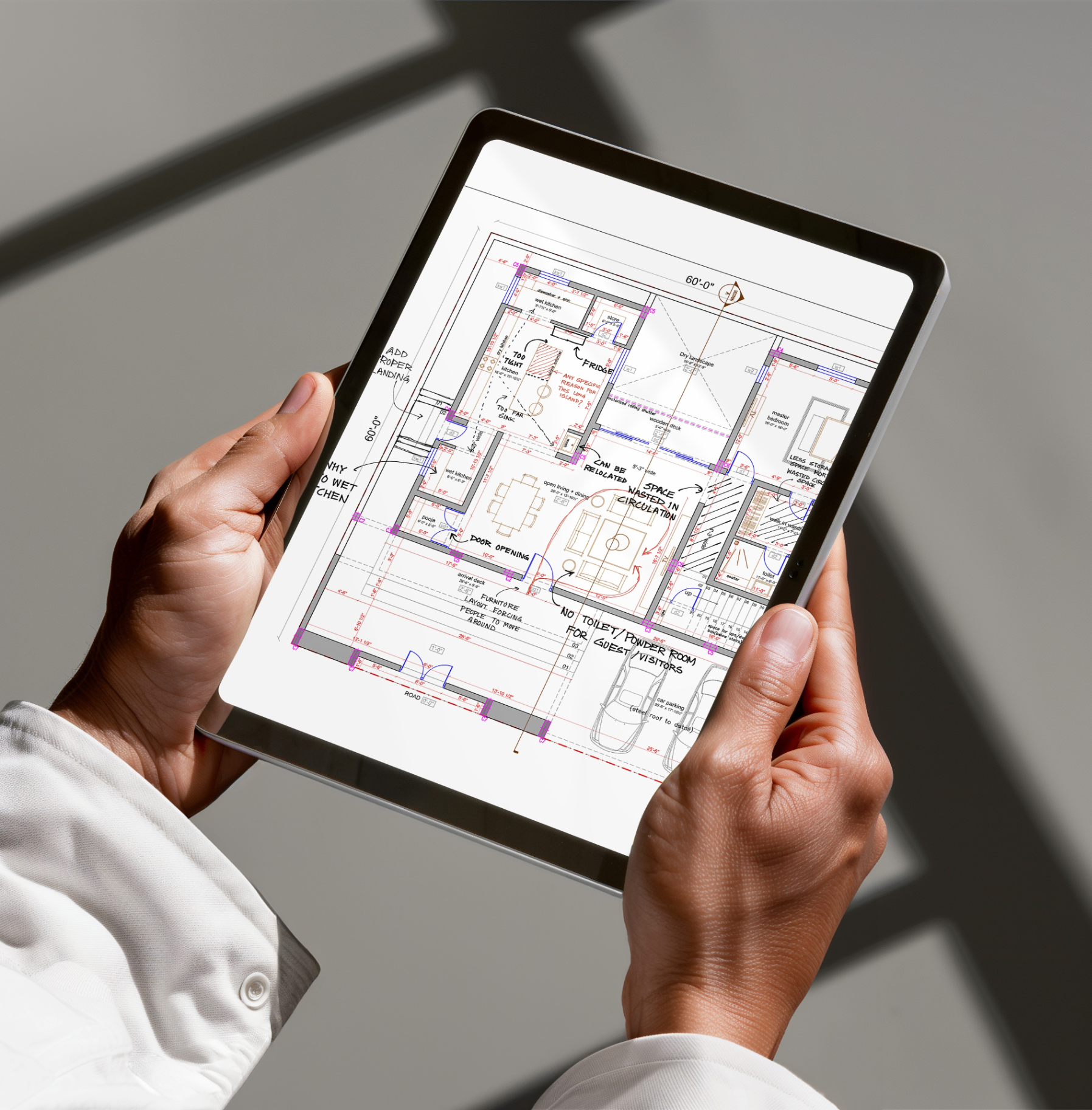 Marked-up floor plan review on tablet