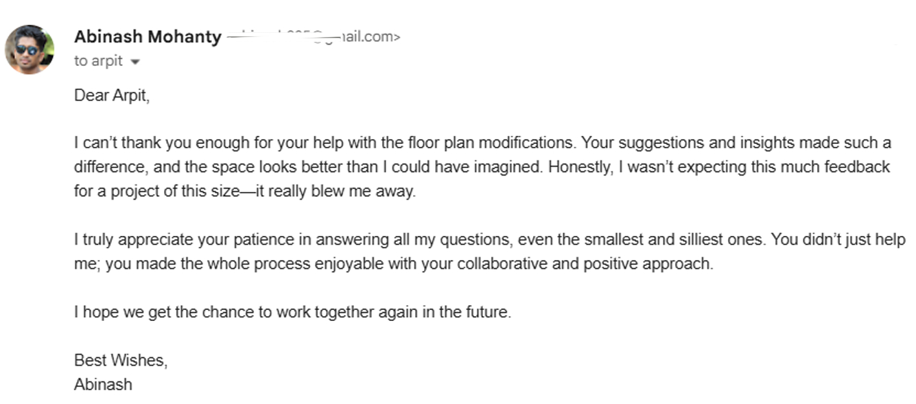 Thank-you email from client Abinash Mohanty